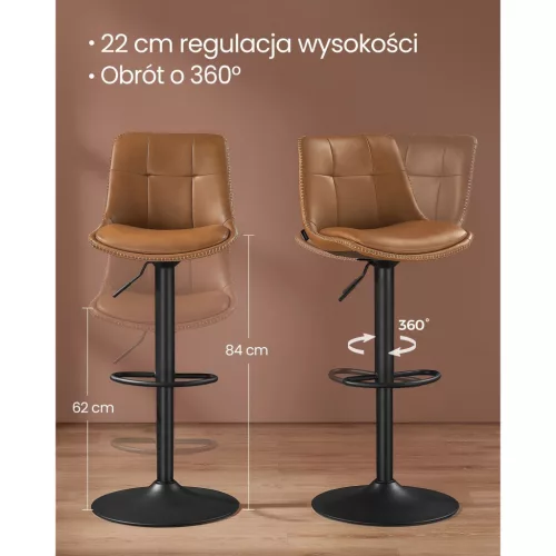 Scaune de bar 2 buc, husă din piele ecologică cusută, cu spătar, reglabil, maro, 44 x