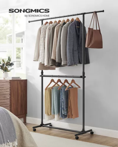 Suport de haine vertical, reglabil pe înălțime, cu roți, negru 113-180 cm