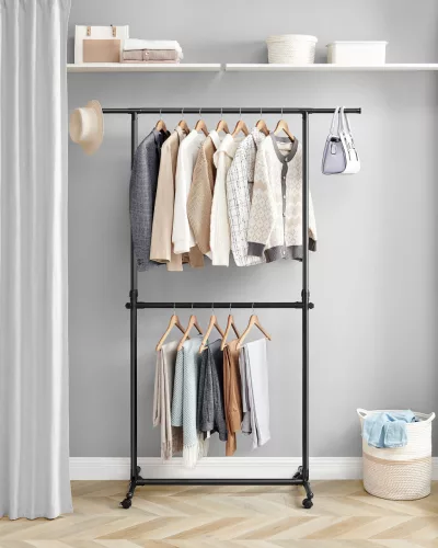 Suport de haine vertical, reglabil pe înălțime, cu roți, negru 113-180 cm