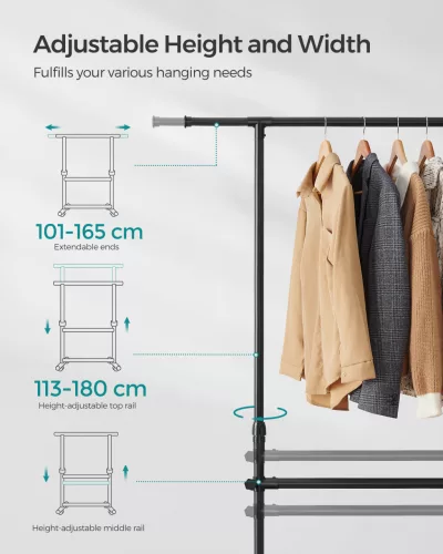 Suport de haine vertical, reglabil pe înălțime, cu roți, negru 113-180 cm