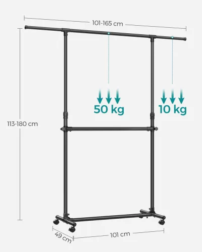 Suport de haine vertical, reglabil pe înălțime, cu roți, negru 113-180 cm