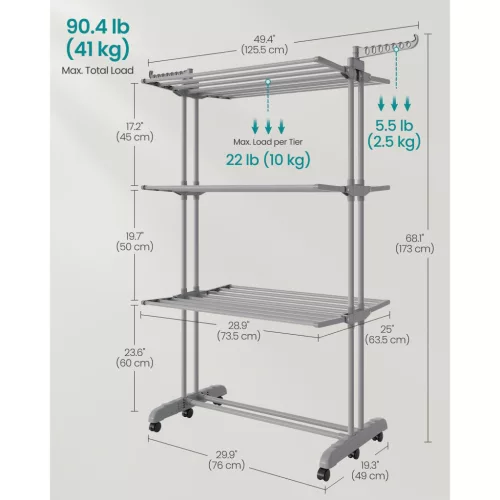 Suport de uscare a rufelor pliabil cu roți, 4 niveluri, gri, 125.5 x 63.5 x 172.5 cm