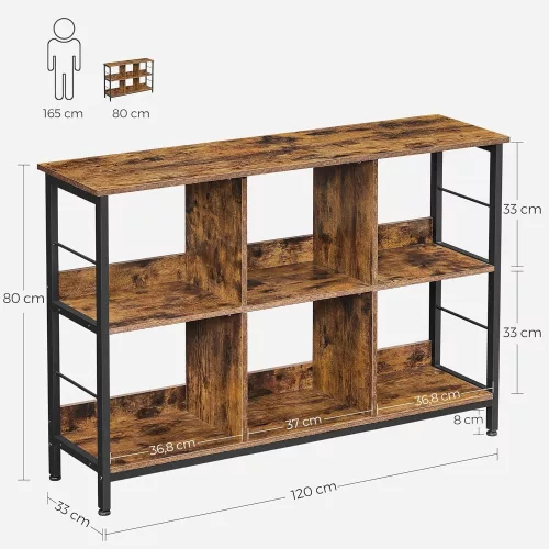 vasagle-raft-de-carti-raft-de-depozitare-6-compartimente-maro-rustic-33-x-120-x-80-cm