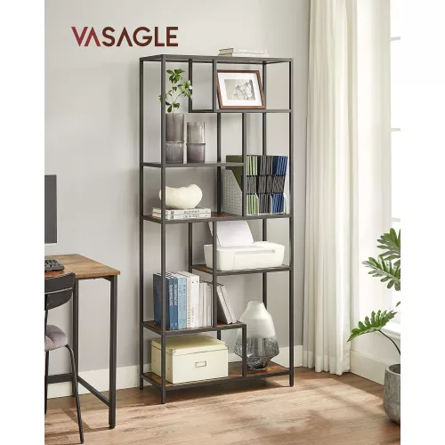 vasagle-raft-de-carti-6-niveluri-raft-geometric-maro-rustic-si-negru-30-x-80-x-180-cm
