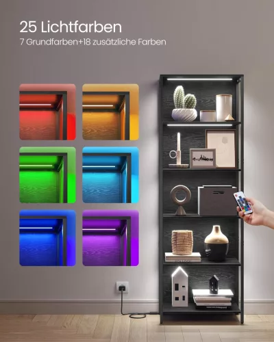 Bibliotecă, iluminare LED reglabilă, cadru din oțel, negru 60x30x179cm