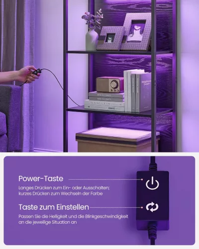 Bibliotecă, iluminare LED reglabilă, cadru din oțel, negru 60x30x179cm