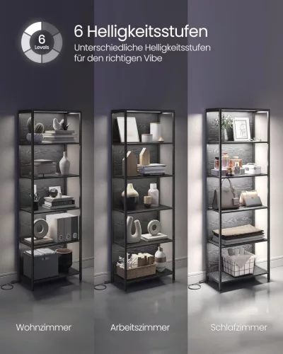 Bibliotecă, iluminare LED reglabilă, cadru din oțel, negru 60x30x179cm