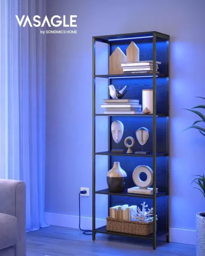 Bibliotecă, iluminare LED reglabilă, cadru din oțel, negru 60x30x179cm
