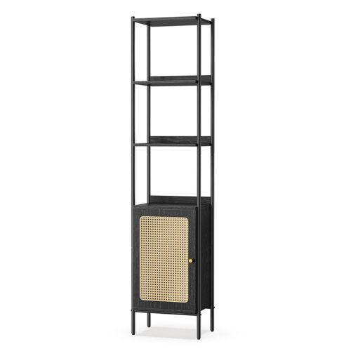 vasagle-raft-carti-cu-usa-cu-efect-rattan-cadru-metalic-negru-40x30x174cm