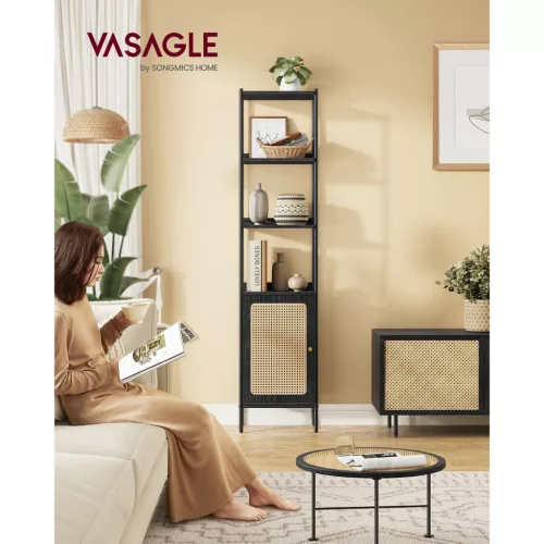vasagle-raft-carti-cu-usa-cu-efect-rattan-cadru-metalic-negru-40x30x174cm