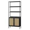 vasagle-raft-de-carti-cu-2-usi-cu-efect-rattan-cadru-metalic-negru-76x30x174cm