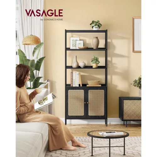 vasagle-raft-de-carti-cu-2-usi-cu-efect-rattan-cadru-metalic-negru-76x30x174cm