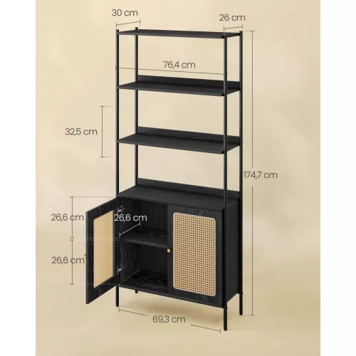 vasagle-raft-de-carti-cu-2-usi-cu-efect-rattan-cadru-metalic-negru-76x30x174cm