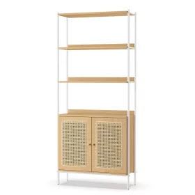 vasagle-raft-de-carti-cu-2-usi-cu-efect-rattan-cadru-metalic-bej-76x30x174cm