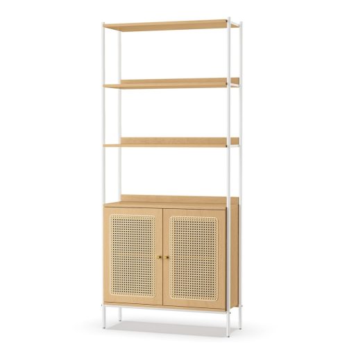 vasagle-raft-de-carti-cu-2-usi-cu-efect-rattan-cadru-metalic-bej-76x30x174cm