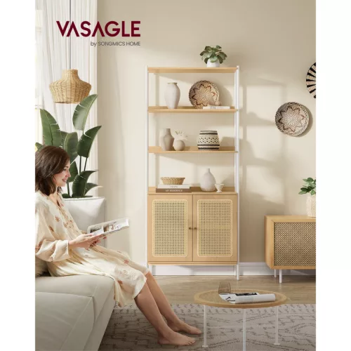 vasagle-raft-de-carti-cu-2-usi-cu-efect-rattan-cadru-metalic-bej-76x30x174cm