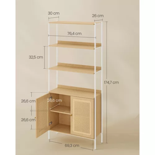 vasagle-raft-de-carti-cu-2-usi-cu-efect-rattan-cadru-metalic-bej-76x30x174cm