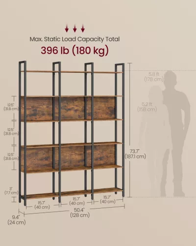 Raft de cărți, 6 niveluri, raft industrial, cu cadru din oțel, maro rustic, 128 x 24 x