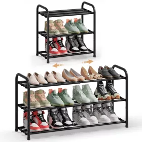   Raft pentru pantofi, extensibil, cu 3 niveluri, reglabil, negru, 45 x 25 x 48 cm
