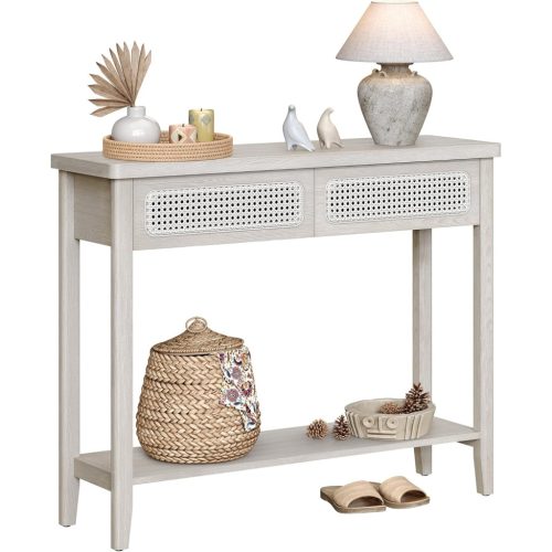 vasagle-consola-cu-doua-sertare-fata-cu-efect-rattan-ovaz-bej-100x30x80cm