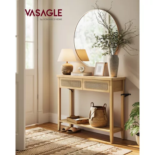 vasagle-masa-consola-cu-doua-sertare-fata-cu-efect-rattan-stejar-100x30x80cm