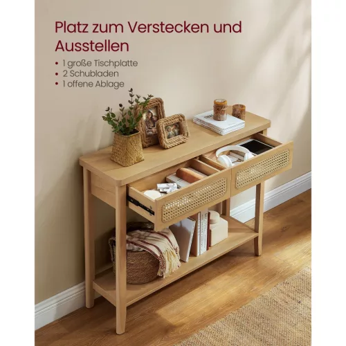 vasagle-masa-consola-cu-doua-sertare-fata-cu-efect-rattan-stejar-100x30x80cm