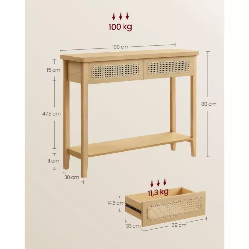 vasagle-masa-consola-cu-doua-sertare-fata-cu-efect-rattan-stejar-100x30x80cm