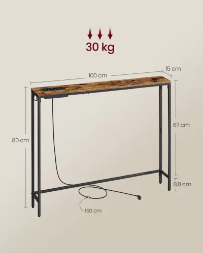 Masă consolă îngustă cu stație de încărcare, cârlige, maro rustic 100 x 15 x 80 cm