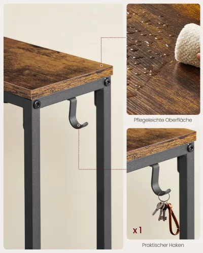 Masă consolă îngustă cu stație de încărcare, cârlige, maro rustic 100 x 15 x 80 cm