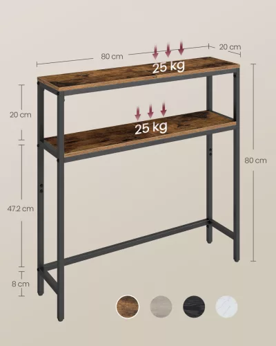 Masă consolă îngustă cu 2 rafturi, maro rustic 20 x 80 x 80 cm
