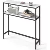 Masă consolă îngustă cu 2 rafturi, alb marmorat și negru 80 x 20 x 80 cm