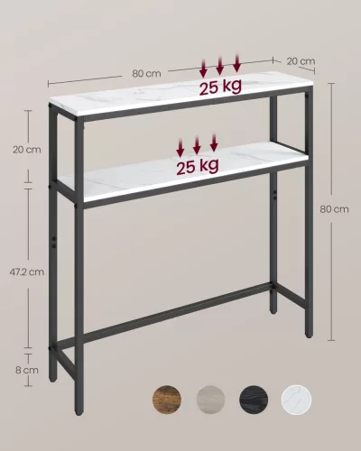 Masă consolă îngustă cu 2 rafturi, alb marmorat și negru 80 x 20 x 80 cm