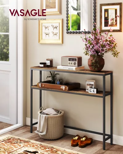 Masă consolă îngustă cu 2 rafturi, design lung, maro rustic 20x100x80cm