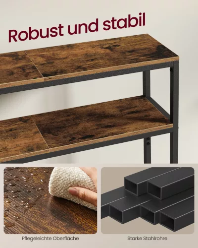 Masă consolă îngustă cu 2 rafturi, design lung, maro rustic 20x100x80cm