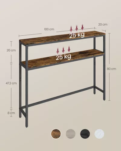 Masă consolă îngustă cu 2 rafturi, design lung, maro rustic 20x100x80cm