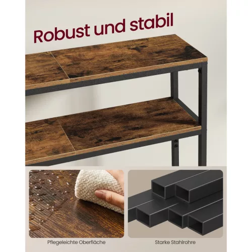 Masă consolă îngustă cu 2 rafturi, maro rustic și negru