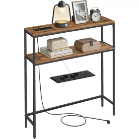   Masă consolă îngustă cu 2 rafturi, încărcător încorporat, maro rustic 80 x 20 x