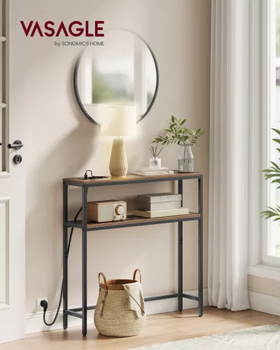Masă consolă îngustă cu 2 rafturi, încărcător încorporat, maro rustic 80 x 20 x