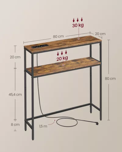Masă consolă îngustă cu 2 rafturi, încărcător încorporat, maro rustic 80 x 20 x