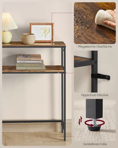Masă consolă îngustă cu 2 rafturi, încărcător încorporat, maro rustic 80 x 20 x