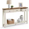 Masă consolă îngustă cu 3 sertare și 1 raft, alb vintage și miere, 24 x 120 x 76 cm