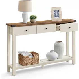   Masă consolă îngustă cu 3 sertare și 1 raft, alb vintage și miere, 24 x 120 x 76 cm