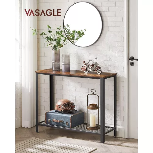 vasagle-masa-consola-cu-raft-din-plasa-metalica-maro-rustic-101x35x80cm