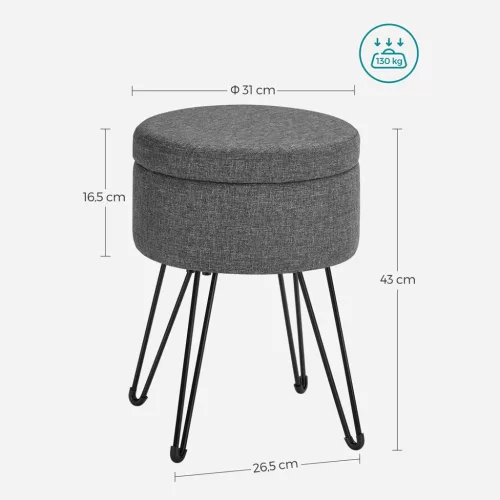 Puf rotund cu spațiu de depozitare, puf mic, gri închis, 31 x 31 x 43 cm