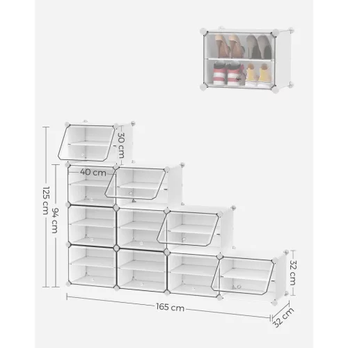 Raft pentru pantofi, depozitare modulară cu 10 compartimente, plastic, alb 30x40x30cm
