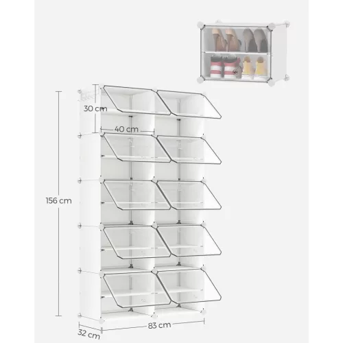 Raft pentru pantofi, depozitare modulară cu 10 compartimente, plastic, alb 30x40x30cm