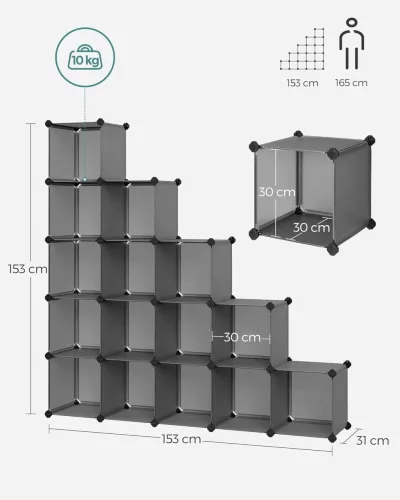 Suport modular pentru pantofi, 15 cutii interconectabile, gri
