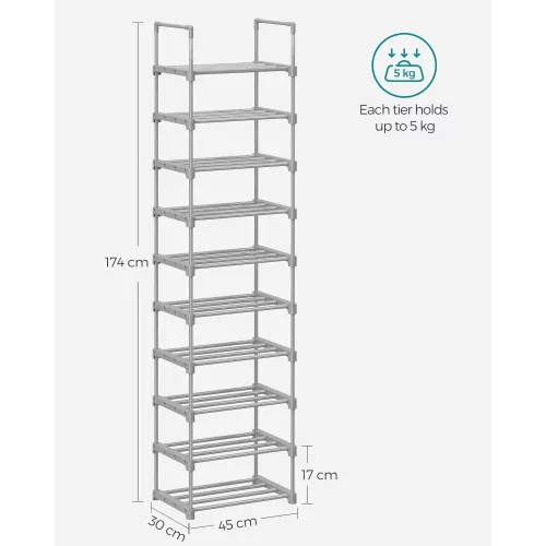 songmics-raft-depozitare-pantofi-cu-cadru-metalic-cu-10-niveluri-gri-45x30x174cm