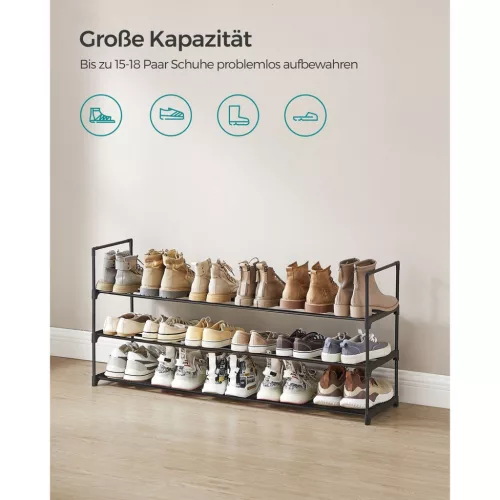 Suport pentru pantofi, depozitare metalică cu 3 niveluri, pentru până la 18 perechi de pantofi, negru 116x30x55cm