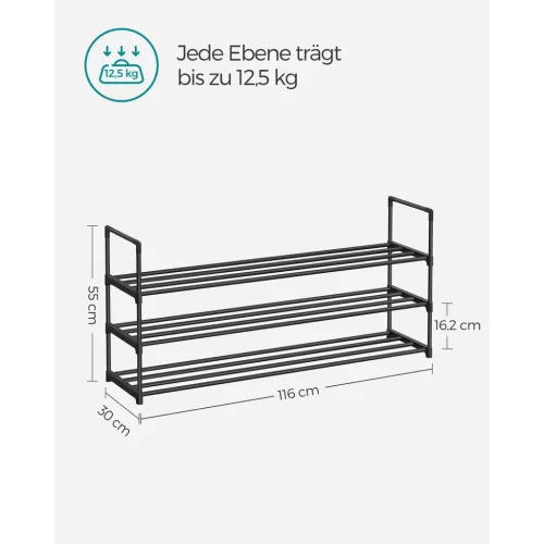 Suport pentru pantofi, depozitare metalică cu 3 niveluri, pentru până la 18 perechi de pantofi, negru 116x30x55cm